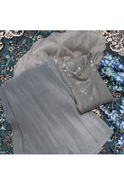 Grey sequence  suit with pleated pant n organza ruffle dupatta